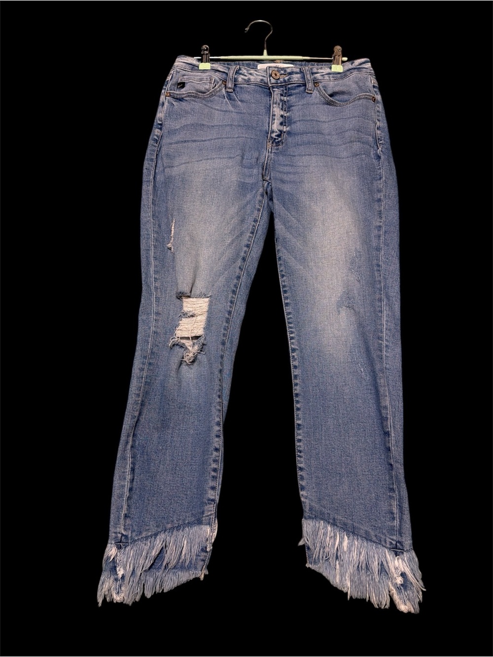 KanCan Light Blue Distressed Straight Leg Jeans with Fringed Hem